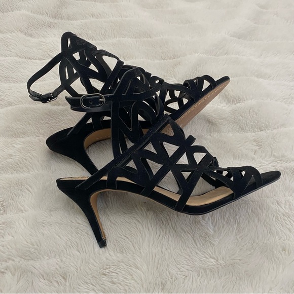 Vince Camuto Prisintha Leather Suede Black Cutout Cage Strappy Heels New Size 8 - Picture 5 of 12